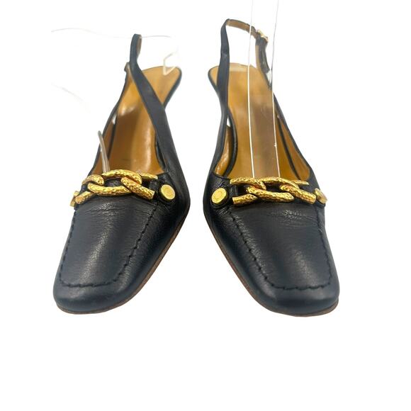 St. John Collection Italian black slingback high heels w/gold chain accents Sz 7 - Picture 3 of 16